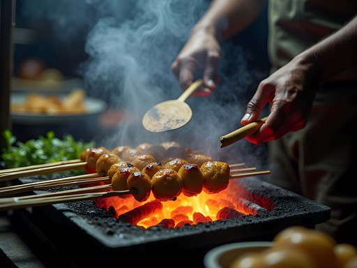 Traditional Jakarta satay vendor grilling meat skewers over charcoal
