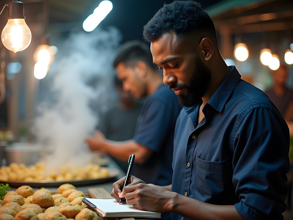 Food scholar documenting traditional Jakarta desserts in a street market