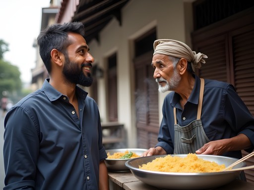 Scholar interviewing elderly Jakarta street food vendor about traditional techniques