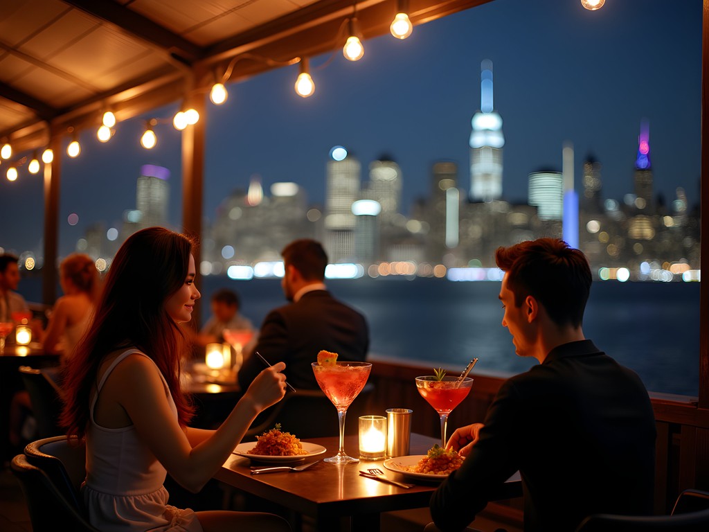 Romantic rooftop dining in Jersey City with illuminated Manhattan skyline at night