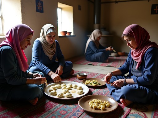 Afghan women preparing traditional mantu dumplings in home kitchen in Kandahar