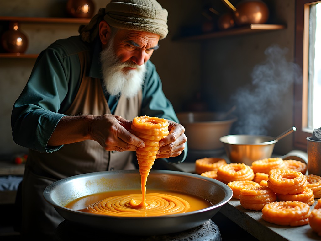 Traditional jalebi maker creating intricate sweet patterns in hot oil in Kandahar market