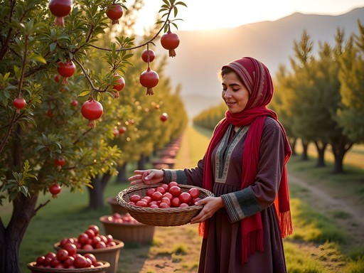 Afghan farmer harvesting ripe pomegranates in traditional orchard near Kandahar