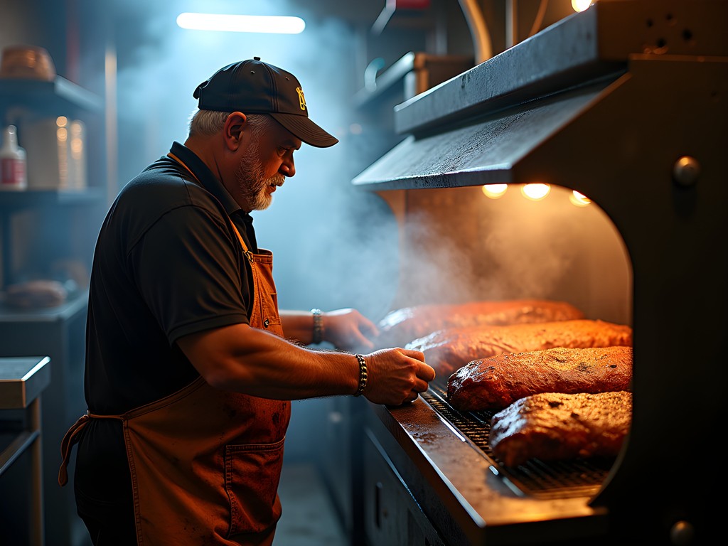 Kansas City pitmaster tending to smokers filled with meat
