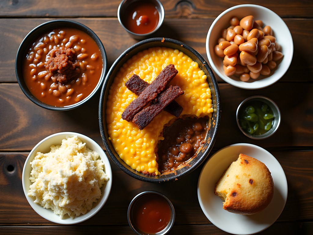 Elaborate spread of Kansas City BBQ side dishes including cheesy corn, baked beans, and coleslaw