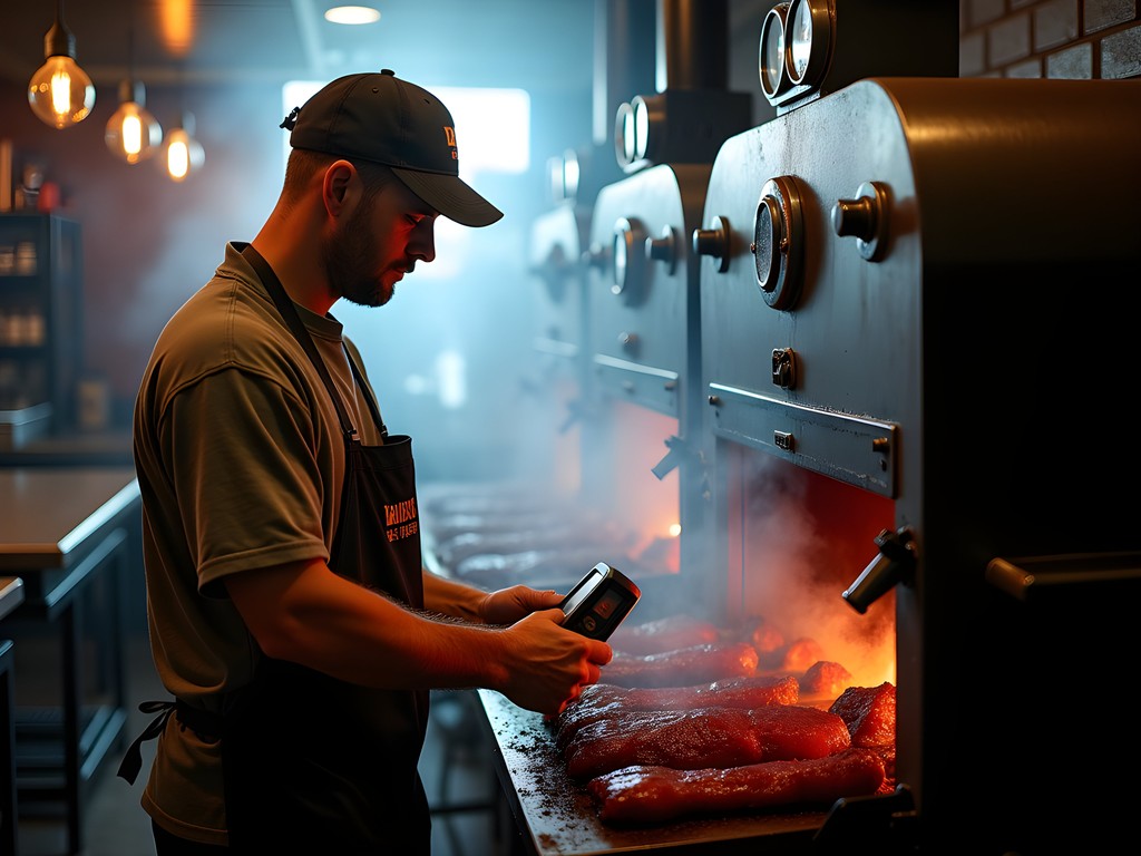 Pitmaster tending to large commercial smokers at a Kansas City BBQ restaurant