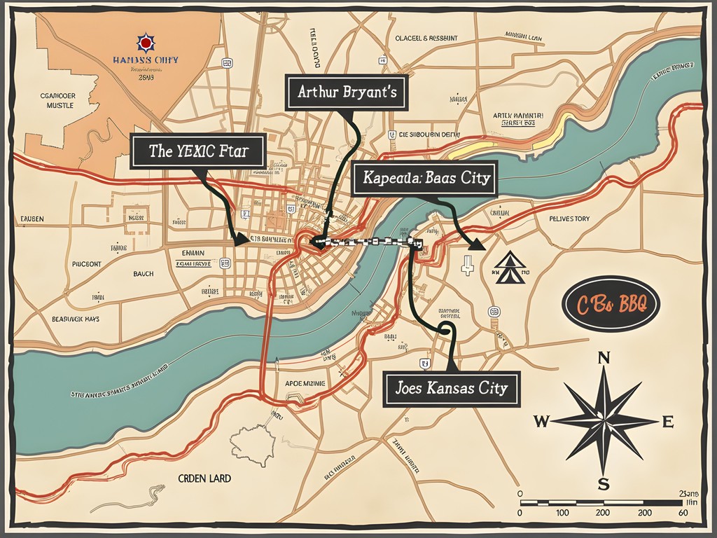 Map of Kansas City highlighting strategic BBQ crawl locations with route markings