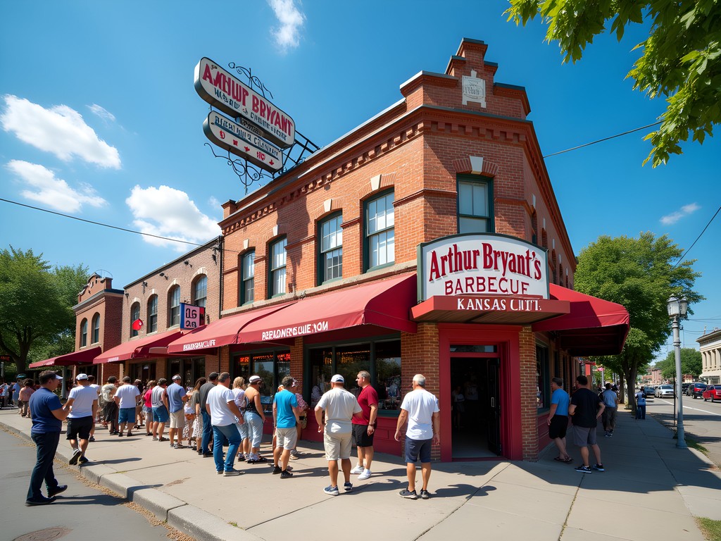 Historic exterior of Arthur Bryant's Barbecue restaurant in Kansas City with vintage signage