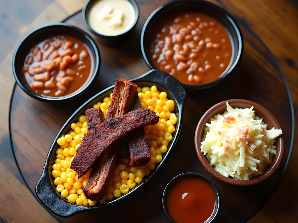 Colorful spread of Kansas City barbecue sides including cheesy corn, baked beans, and coleslaw