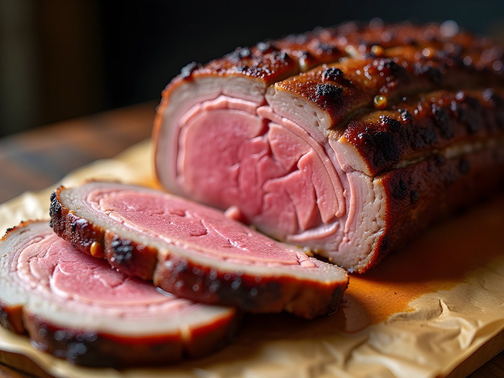 Close-up of perfectly smoked brisket with pink smoke ring at Kansas City barbecue restaurant