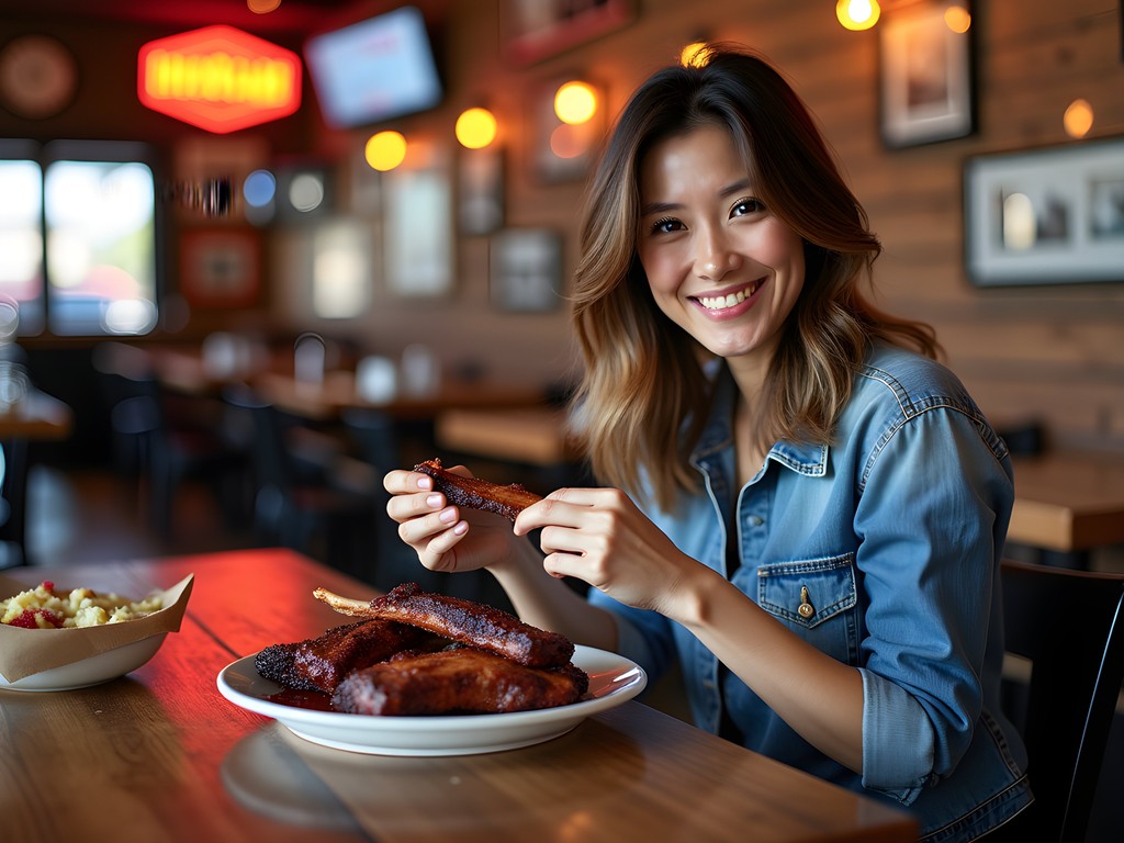 Travel blogger Bella Evans sitting at Kansas City BBQ restaurant with plate of ribs
