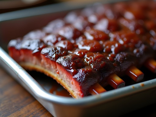 Close-up of Kansas City style pork ribs with charred edges and BBQ sauce