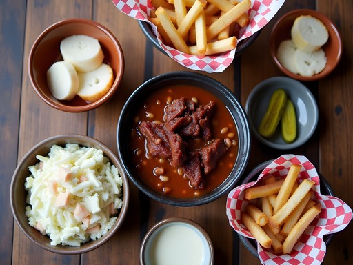 Kansas City BBQ sides including baked beans with burnt ends and coleslaw