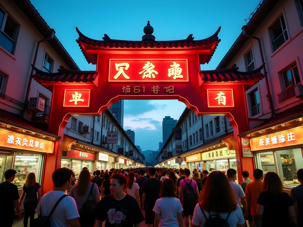 Colorful illuminated entrance to Liuhe Night Market in Kaohsiung at dusk