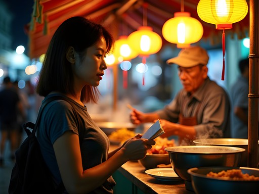 Japanese-American journalist interviewing elderly Taiwanese food vendor at night market