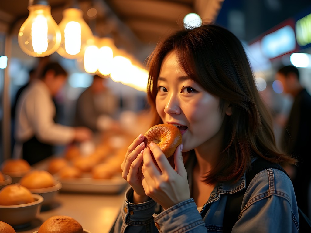 Japanese-American woman sampling freshly baked pepper buns at a night market stall