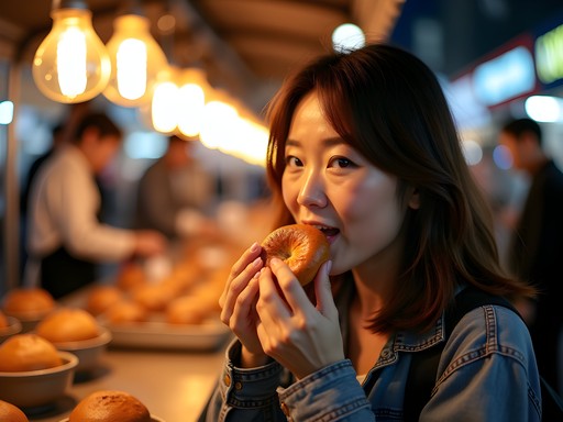 Japanese-American woman sampling freshly baked pepper buns at a night market stall