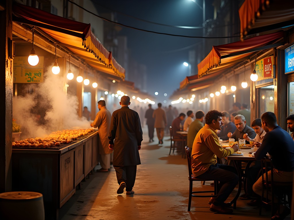 Illuminated food stalls along Burns Road in Karachi at dusk