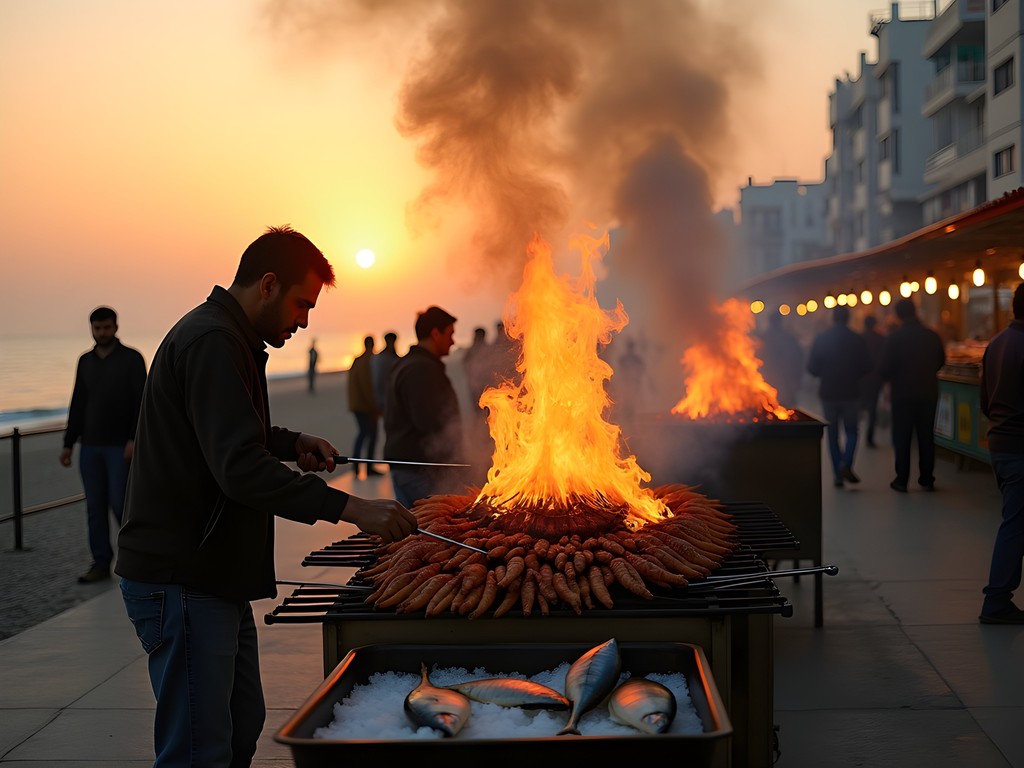 Seafood stalls at Clifton Beach, Karachi at sunset