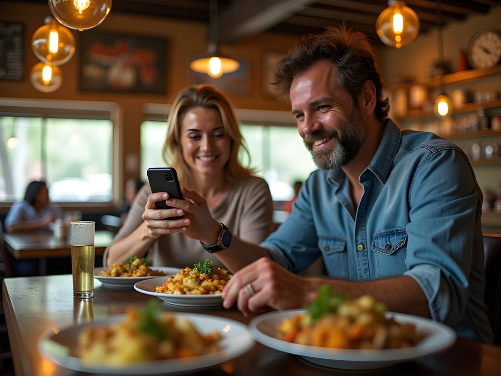 Couple photographing Cajun food at authentic Kenner Louisiana restaurant