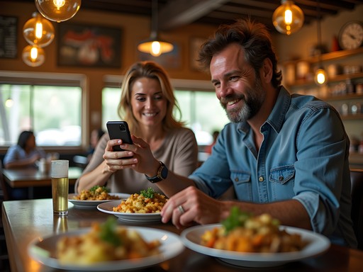 Couple photographing Cajun food at authentic Kenner Louisiana restaurant
