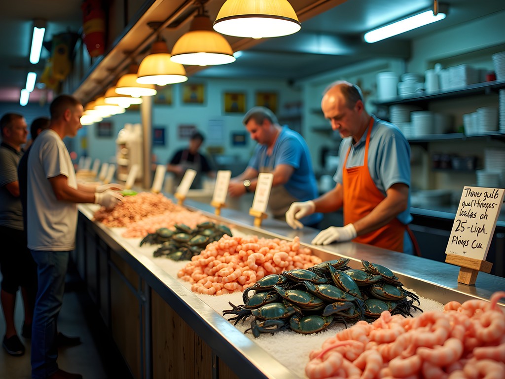 Fresh Louisiana seafood display at Kenner market with blue crabs and shrimp