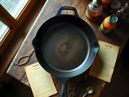 Vintage cast iron cookware and Louisiana recipe cards at Kenner antique store