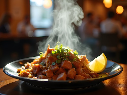 Authentic sisig dish being served on a sizzling plate at Salay Salay Filipino Cuisine in Kent