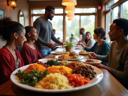Diverse family enjoying traditional Somali food at Safari Restaurant in Kent