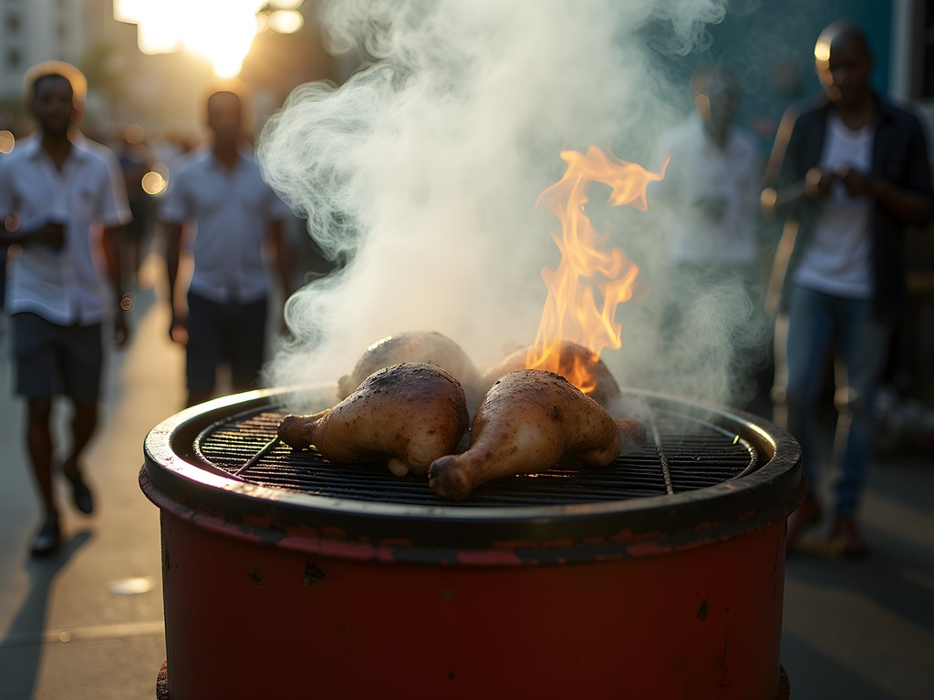 Traditional Jamaican jerk drum with chicken smoking over pimento wood in Kingston