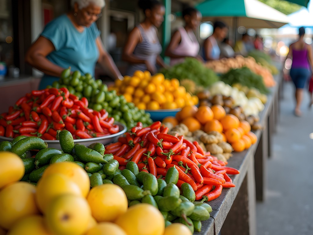 Colorful produce display at Coronation Market in Kingston Jamaica