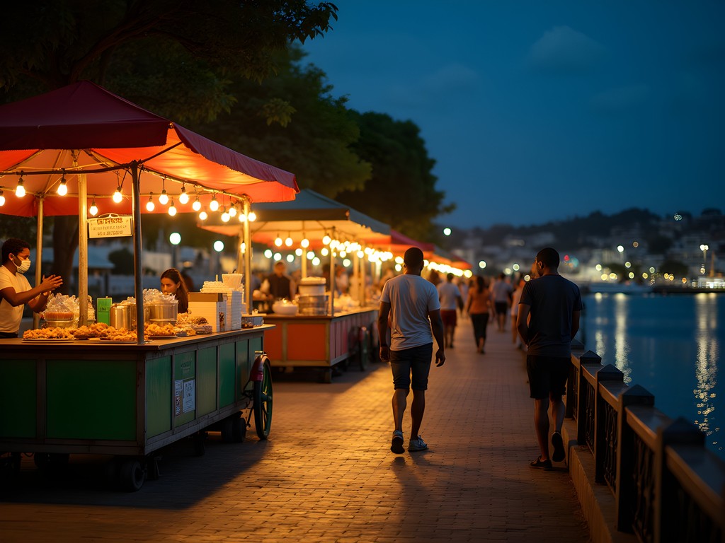 Romantic evening at Kingston Waterfront Night Market with food vendors and harbor views