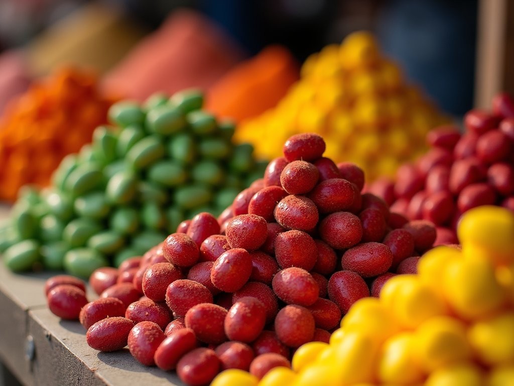 Colorful display of mabuyu (baobab candy) at Kisumu market stall