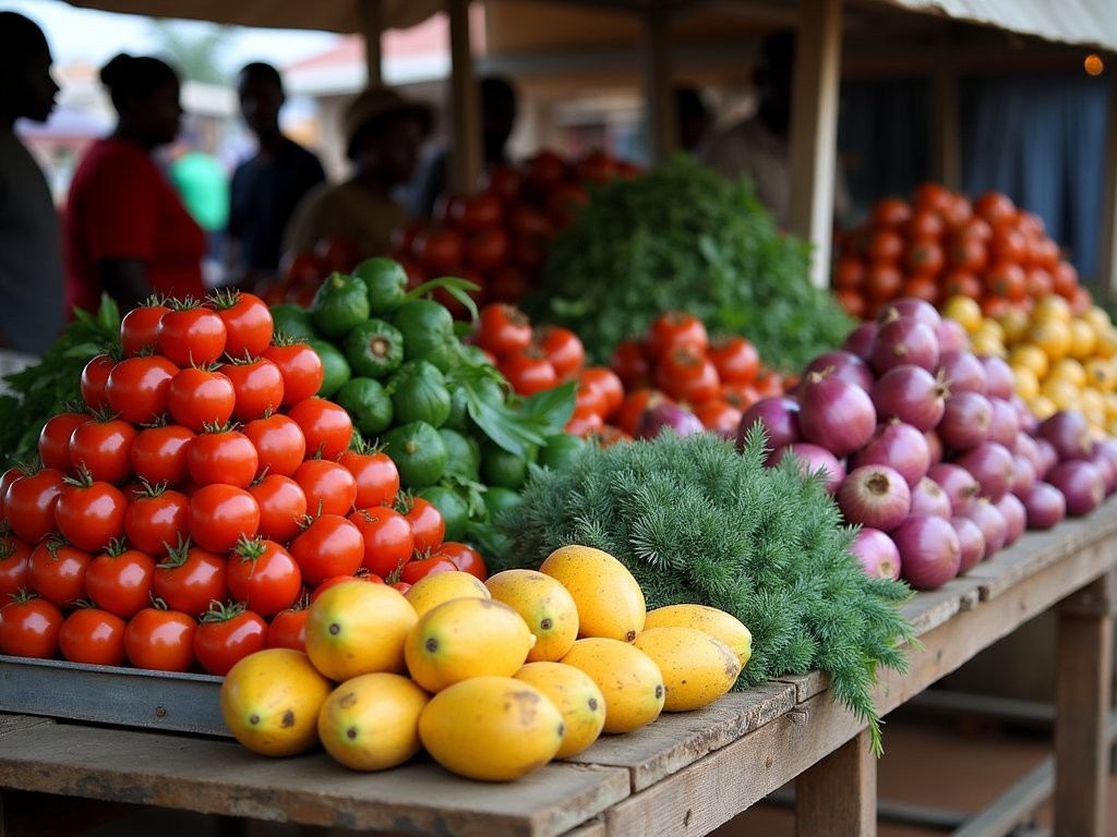 Colorful produce display at Kibuye Market in Kisumu with local fruits and vegetables