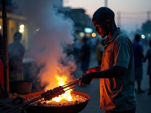 Street food vendor grilling meat skewers in downtown Kisumu at dusk