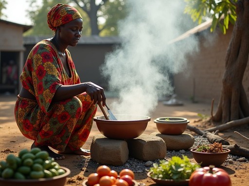 Traditional Luo cooking demonstration on three-stone fire in rural Kisumu