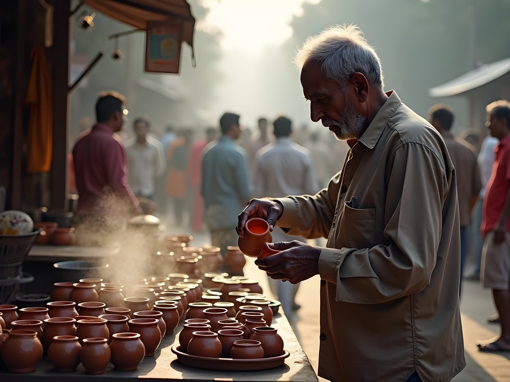 Traditional chai wallah pouring tea into clay cups in morning Kolkata street