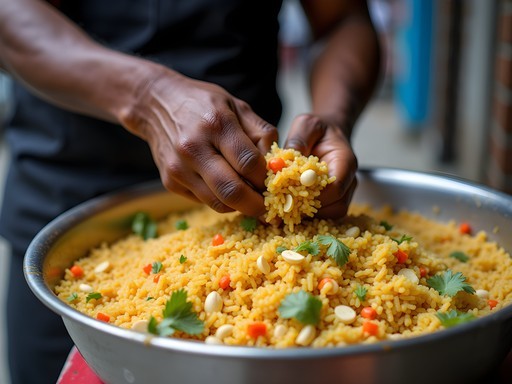 Street vendor preparing jhal muri in newspaper cone on College Street in Kolkata