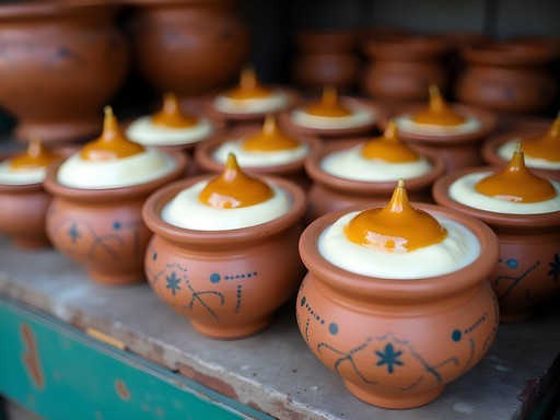 Traditional clay pots of mishti doi (sweet yogurt) at historic Kolkata sweet shop