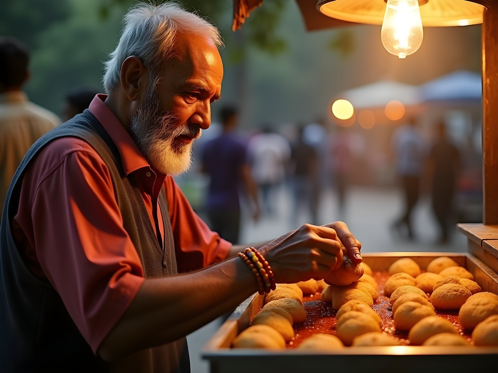 Traditional phuchka vendor serving customers at sunset in Kolkata park