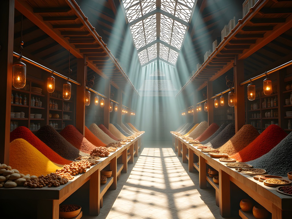 Morning light streaming through Kulob's central bazaar with colorful spice displays