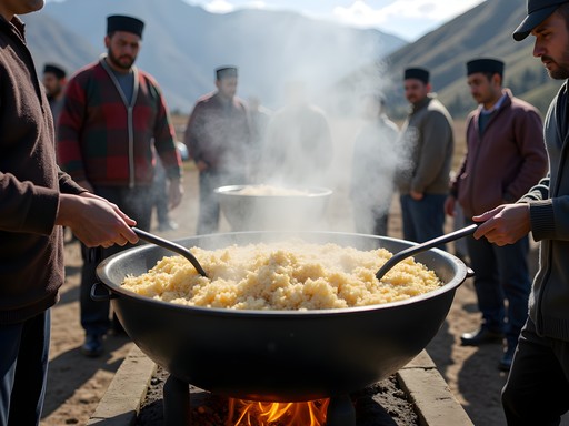 Traditional oshi palav preparation for a wedding celebration in Kulob, Tajikistan
