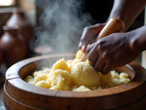 Traditional fufu preparation in Kumasi kitchen with wooden mortar and pestle