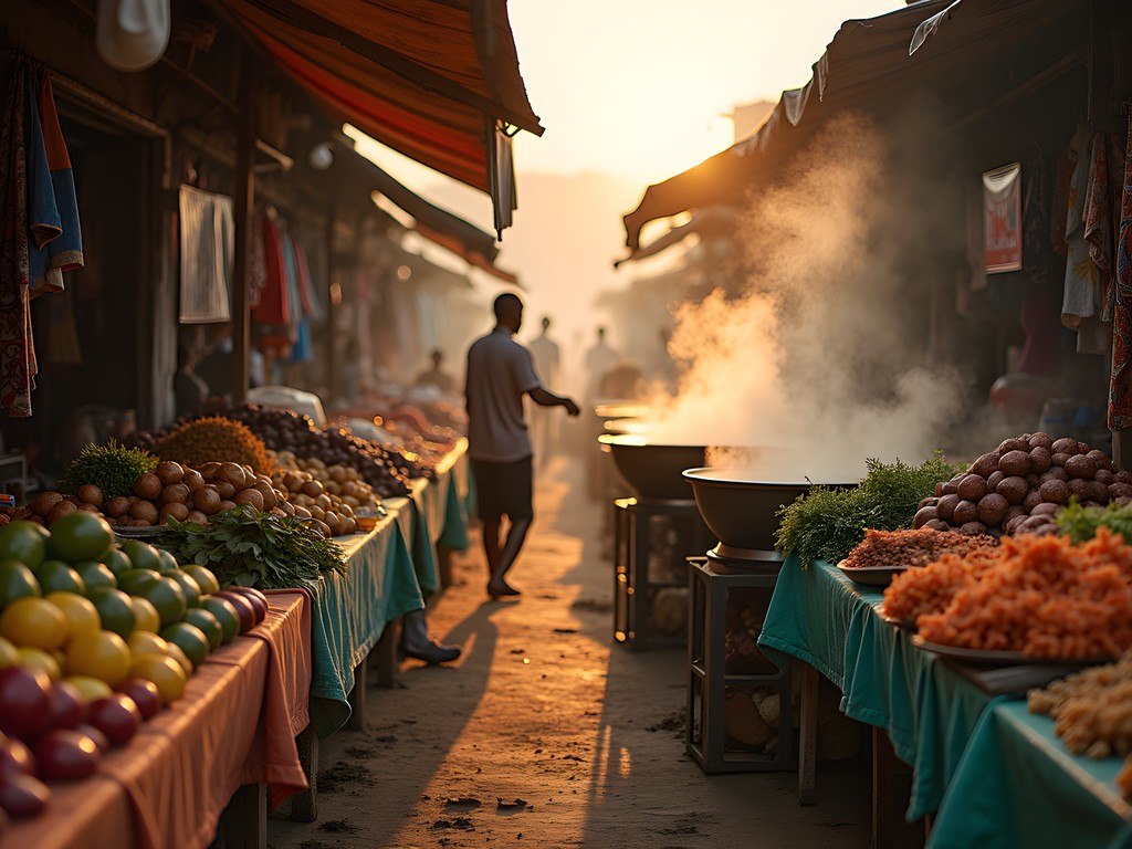 Dawn light filtering through Kejetia Market in Kumasi with vendors setting up food stalls