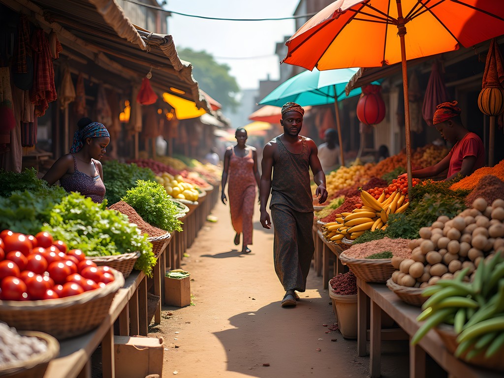 Aerial view of bustling food market in Kumasi with vendors and shoppers