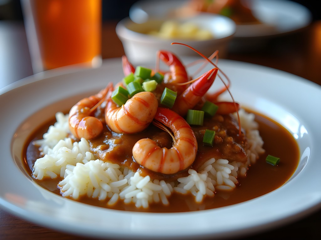 Crawfish etouffee served over white rice at Lafayette Louisiana restaurant