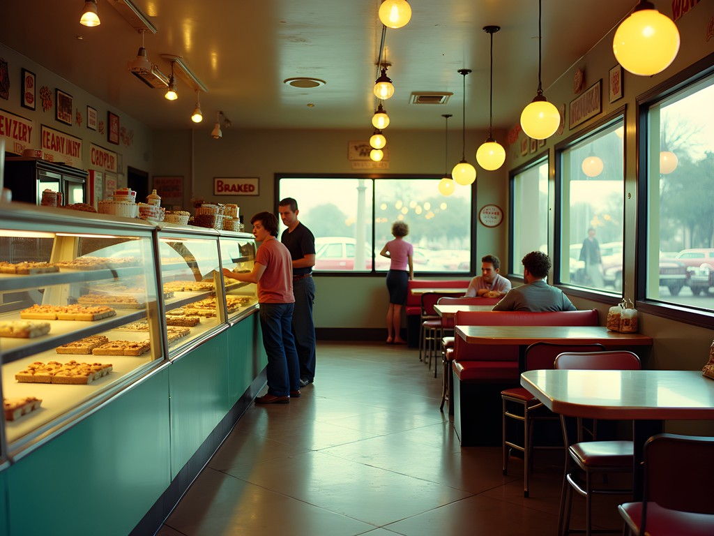 Vintage bakery interior with display cases of pastries in Lafayette Louisiana