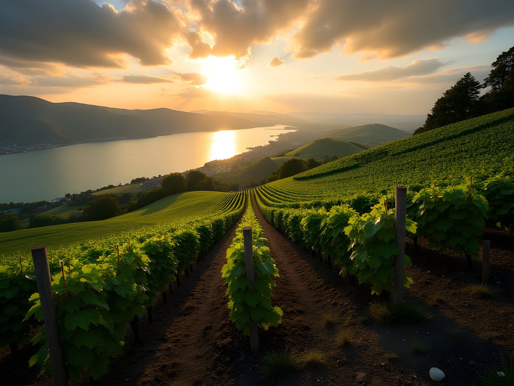 Volcanic vineyards overlooking Lake Balaton in Badacsony wine region