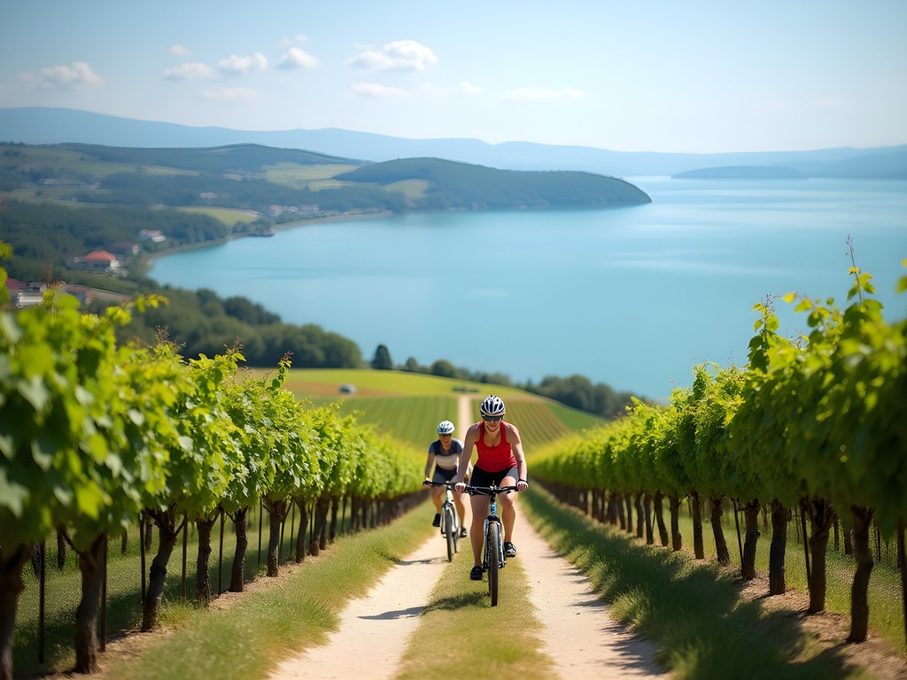 Cycling through vineyards on Lake Balaton wine route