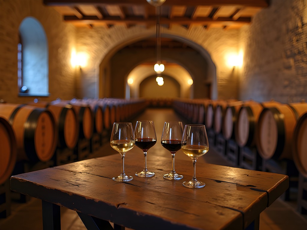 Traditional stone wine cellar with oak barrels in Lake Balaton region